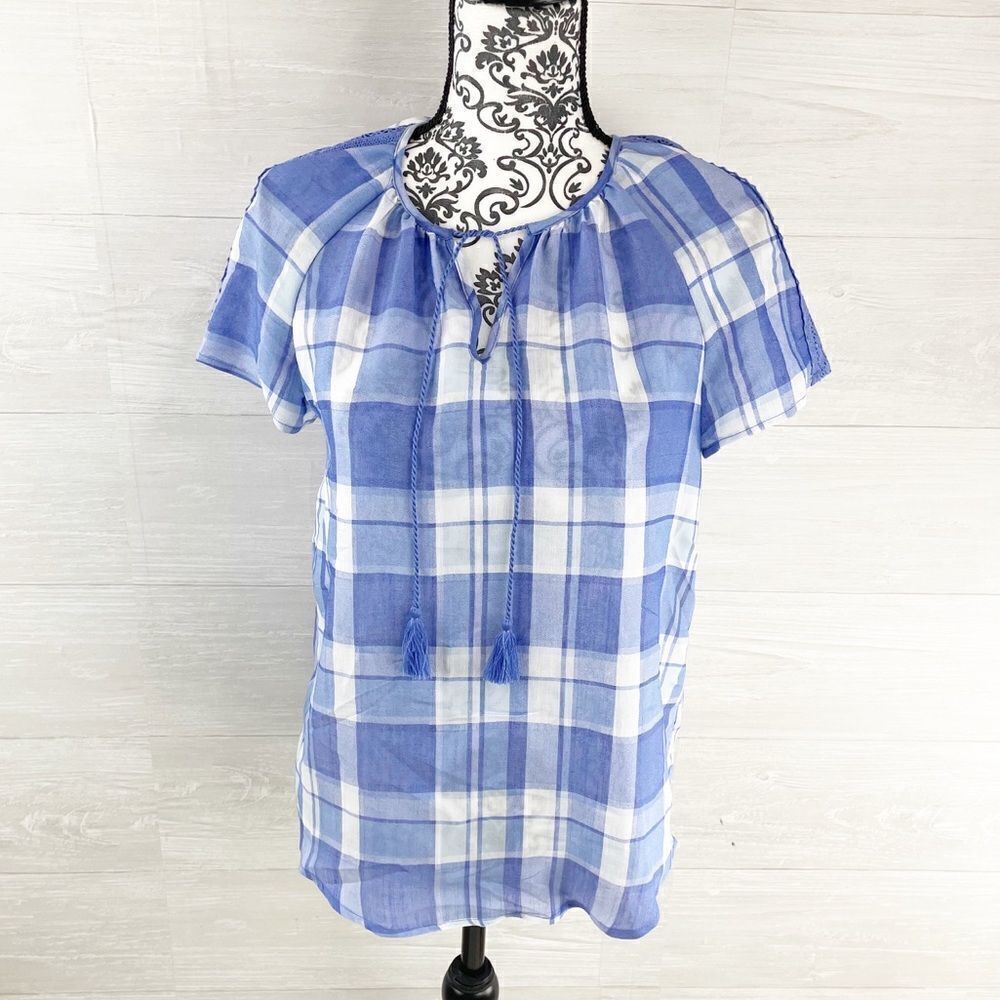 Como Vintage Blue Plaid Tie Collar Peasant Top